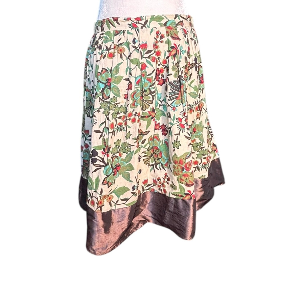 Y2K Brown Floral Satin Hem Skirt Boho Cotton Small Artsy Knee Length Romantic